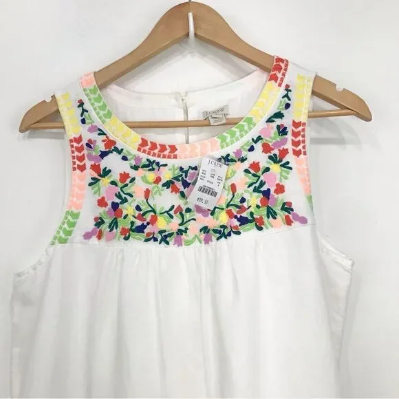 J. Crew Factory Colorful Embroidered White Linen Cotton Blend Sleeveless Dress - Picture 3 of 16